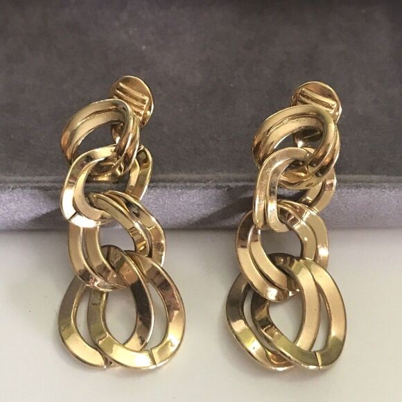 Monet Jewelry - Vintage Monet Clip On Earrings Goldtone Dangle Drap link Costume Jewlery